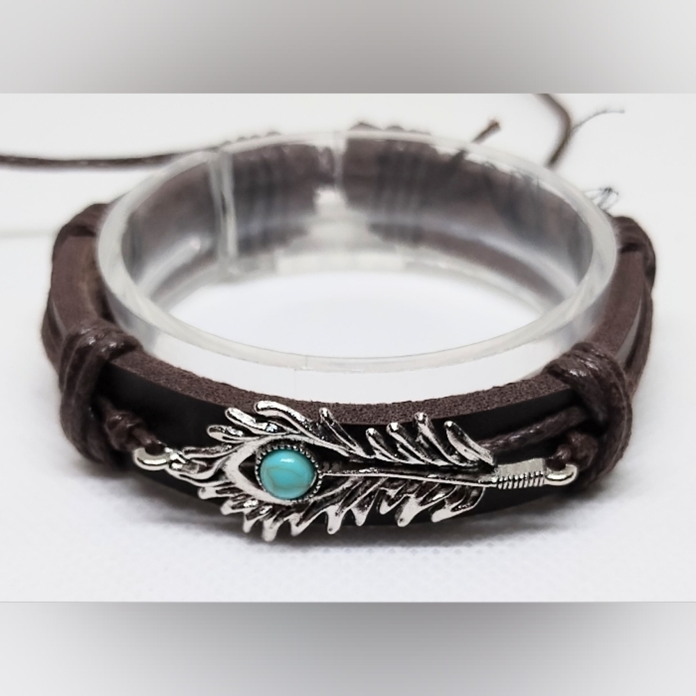Men's Leather Bracelet Turquoise Feather Brown‎ New f19
